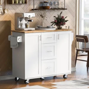 Xspracer White Mdf Base with Wood Top Rolling Kitchen Island (17-in x 50-in x 37-in)