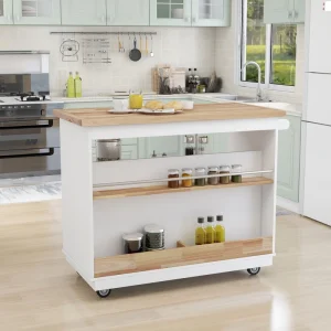 Xspracer White Mdf Base with Wood Top Rolling Kitchen Island (22-in x 46-in x 36-in)