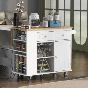 Xspracer White Mdf Base with Wood Top Rolling Kitchen Island (29-in x 40-in x 34-in)