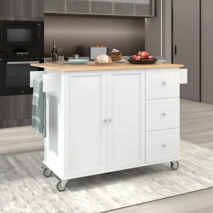 Xspracer White Mdf Base with Wood Top Rolling Kitchen Island (30-in x 53-in x 37-in)