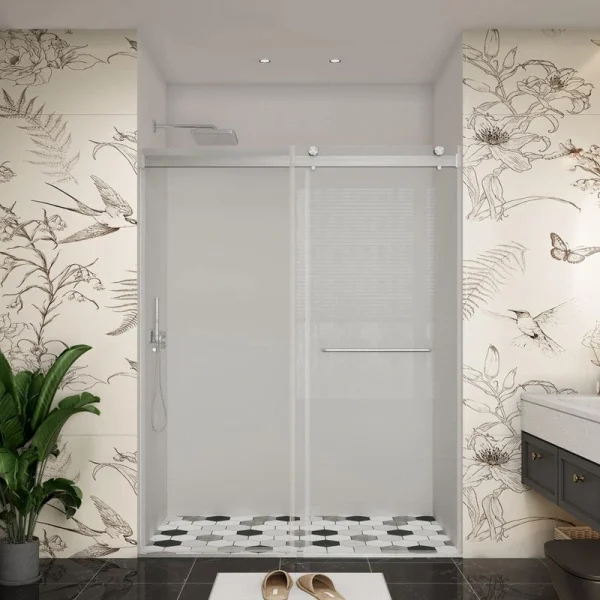 YINVANI 60 in. W x 76 in. H Double Sliding Frameless Bath Shower Door in Brushed Nickel with Easy-Clean 5/16 in. Glass & Handle