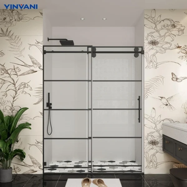 YINVANI 60 in. W x 76 in. H Single Sliding Frameless Shower Door in Matte Black with Easy-Clean 3/8 in. Black Grids Glass